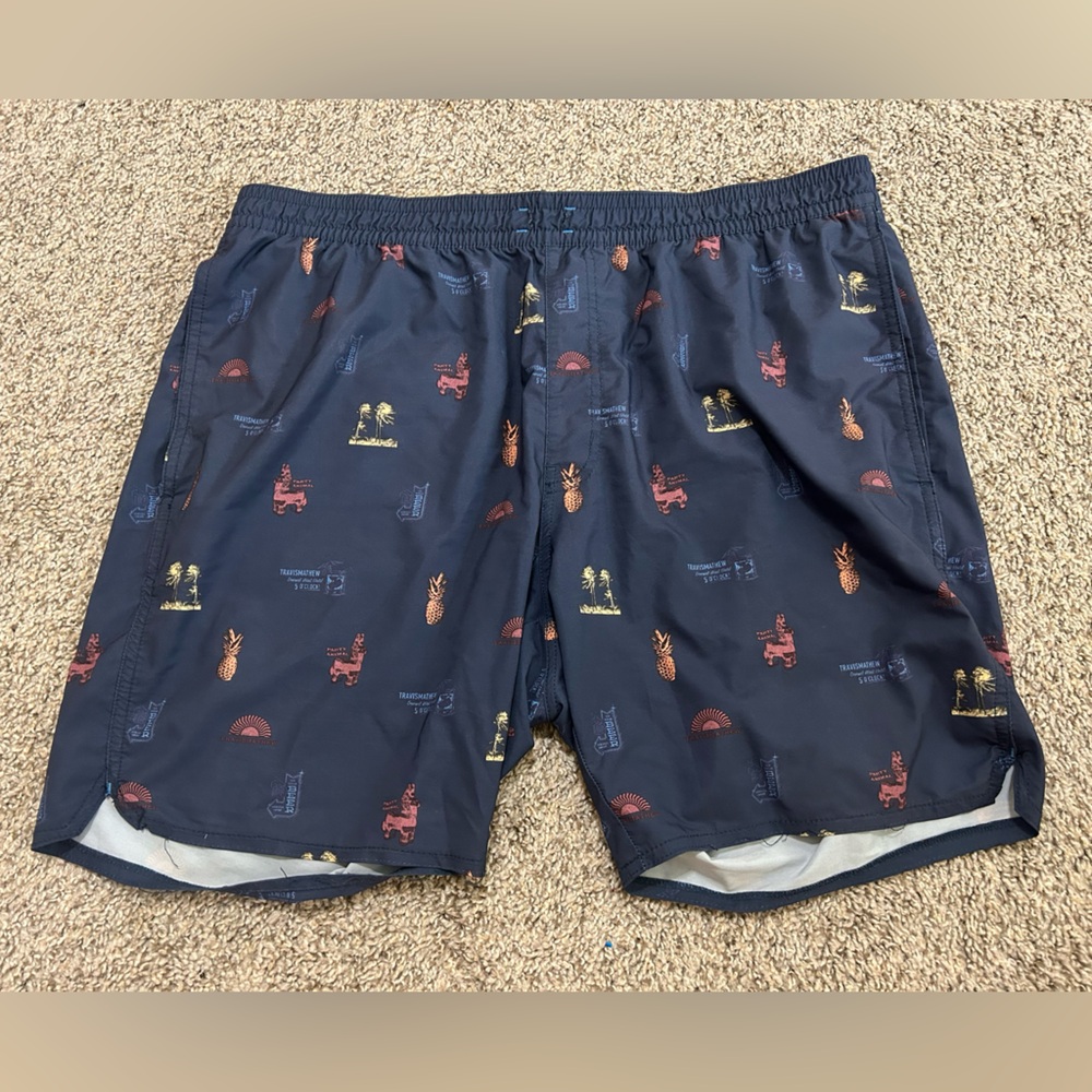 Travis Mathew Swim Trunk Men's Size XL Blue Print Bathing Suit Pool Beach Ocean